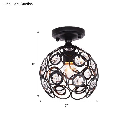 Contemporary Metal Globe Cage Semi - Flush Mount With Crystal Decorations And 1 Bulb In Black