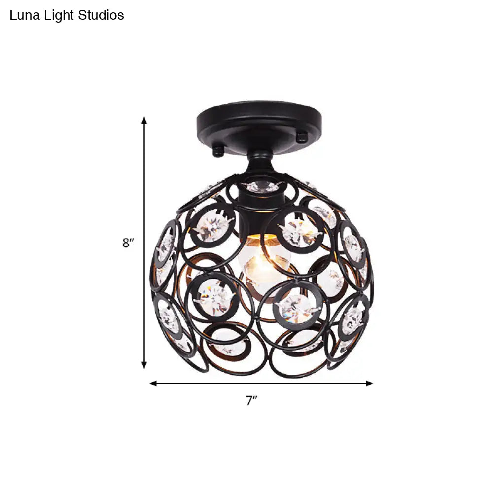 Contemporary Metal Globe Cage Semi-Flush Mount With Crystal Decorations And 1 Bulb In Black