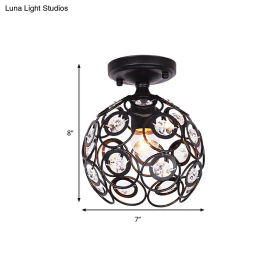 Contemporary Metal Globe Cage Semi-Flush Mount With Crystal Decorations And 1 Bulb In Black