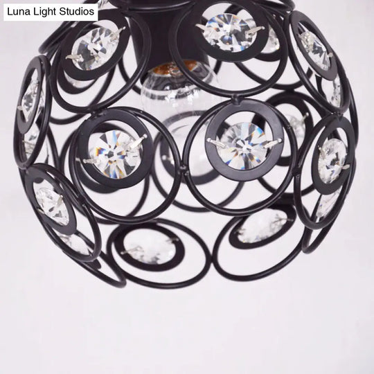 Contemporary Metal Globe Cage Semi-Flush Mount With Crystal Decorations And 1 Bulb In Black