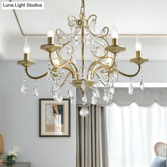 Contemporary Metal Gold Hanging Chandelier With Crystal Accent - 3/6-Bulb Bent Arm Drop Pendant