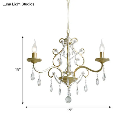 Contemporary Metal Gold Hanging Chandelier With Crystal Accent - 3/6-Bulb Bent Arm Drop Pendant