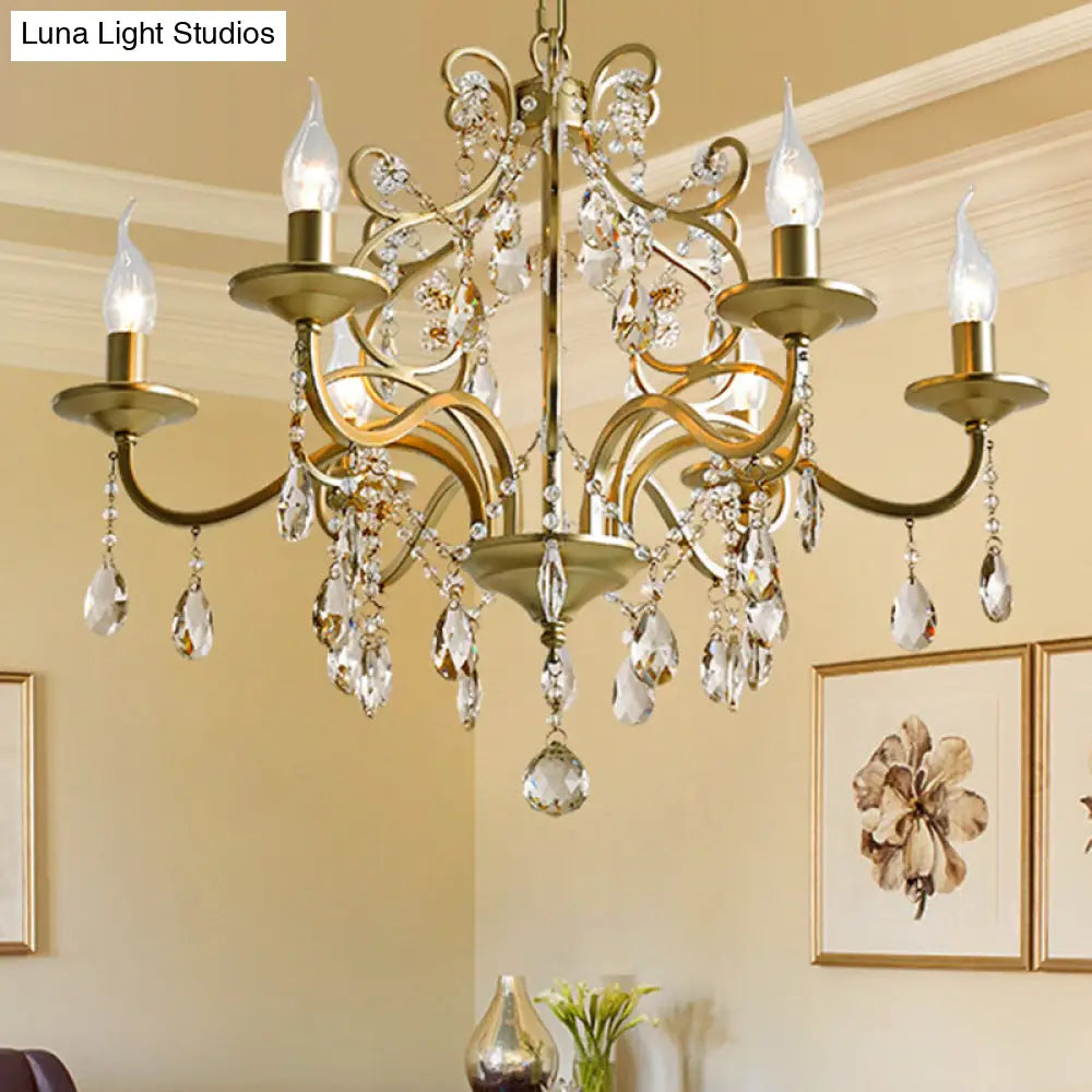 Contemporary Metal Gold Hanging Chandelier With Crystal Accent - 3/6-Bulb Bent Arm Drop Pendant 6 /