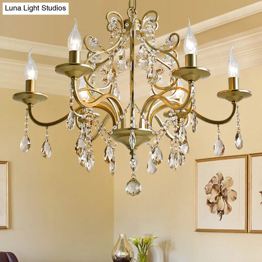 Contemporary Metal Gold Hanging Chandelier With Crystal Accent - 3/6-Bulb Bent Arm Drop Pendant 6 /