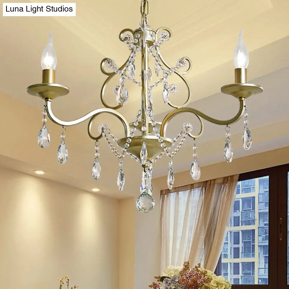 Contemporary Metal Gold Hanging Chandelier With Crystal Accent - 3/6-Bulb Bent Arm Drop Pendant 3 /