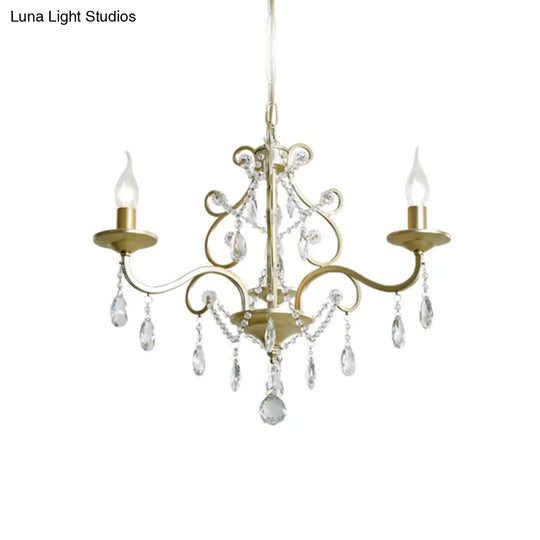 Contemporary Metal Gold Hanging Chandelier With Crystal Accent - 3/6-Bulb Bent Arm Drop Pendant