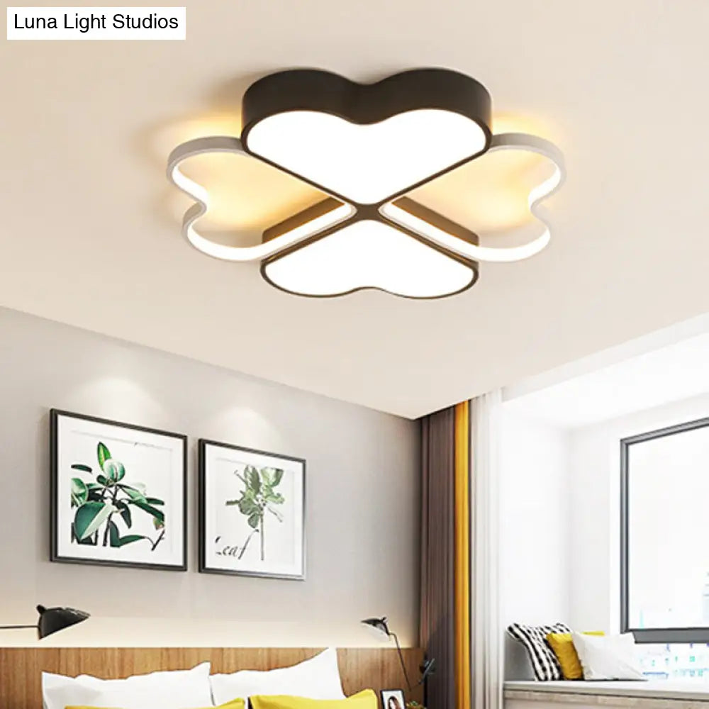 Contemporary Metal Led Black Flush Light Fixture For Bedroom - Clover Ceiling Mount / White