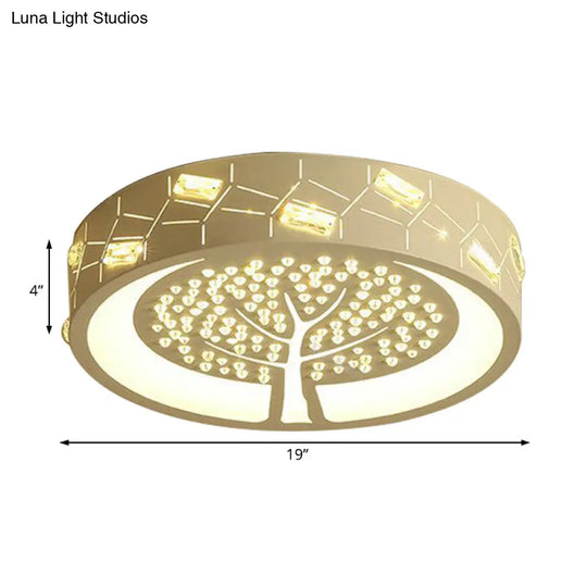 Contemporary Metal Led Flush Mount Light With Tree Pattern Crystal Bead White/Warm Lighting