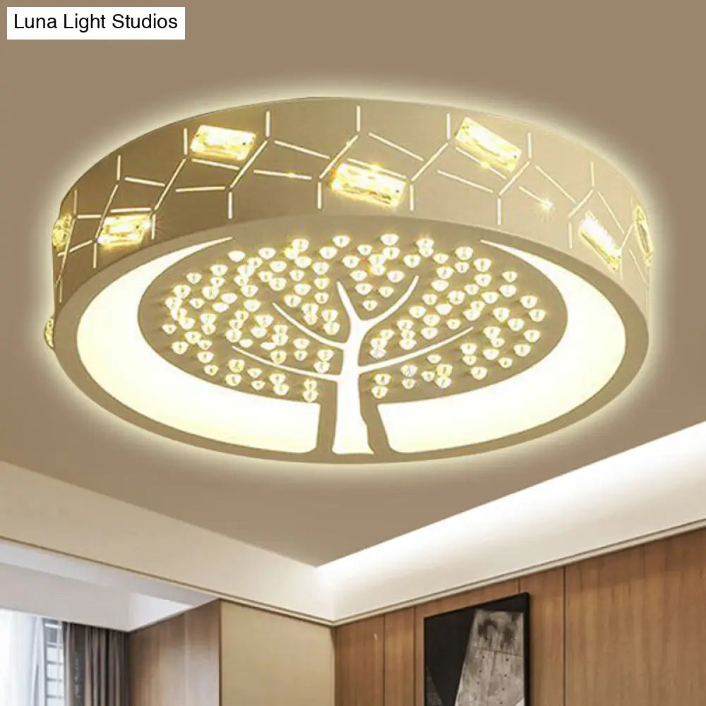 Contemporary Metal Led Flush Mount Light With Tree Pattern Crystal Bead White/Warm Lighting White /