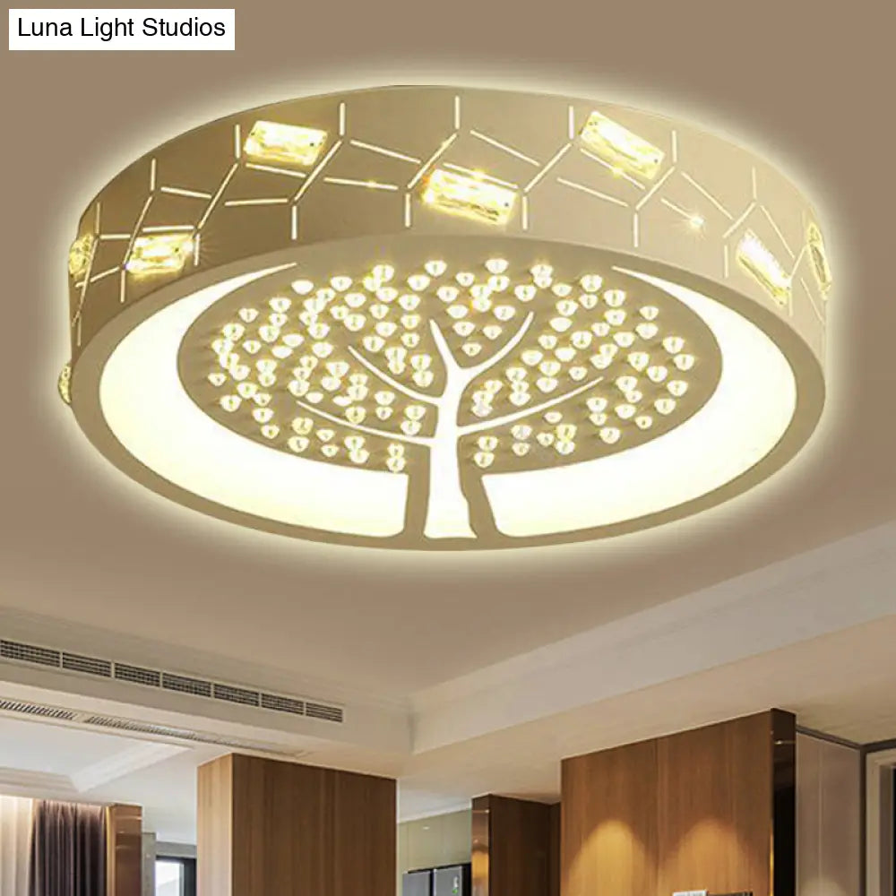 Contemporary Metal Led Flush Mount Light With Tree Pattern Crystal Bead White/Warm Lighting