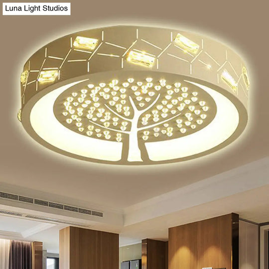 Contemporary Metal Led Flush Mount Light With Tree Pattern Crystal Bead White/Warm Lighting