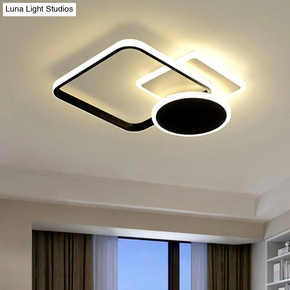 Contemporary Metal Led Parlor Ceiling Lamp - 19/23 W Square And Round Semi Flush Black Warm/White