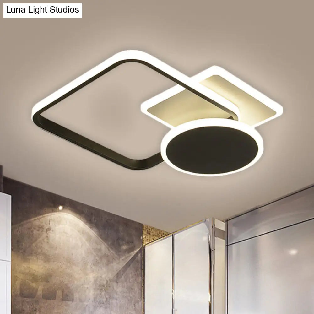 Contemporary Metal Led Parlor Ceiling Lamp - 19/23 W Square And Round Semi Flush Black Warm/White