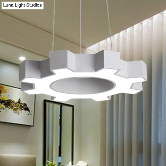 Contemporary Metal Led Pendant Lamp For Gym - Wide Gear Shape White/Black White/Warm Light