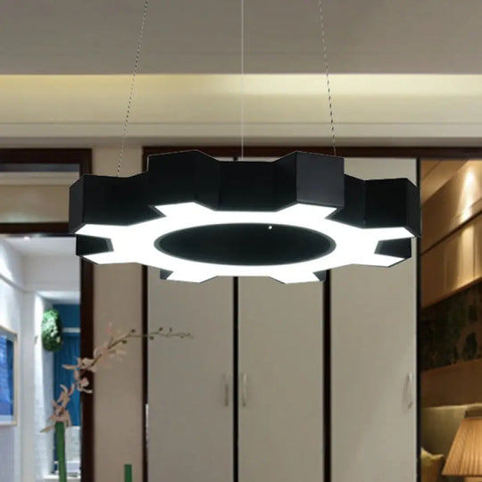 Contemporary Metal Led Pendant Lamp For Gym - Wide Gear Shape White/Black White/Warm Light Black /