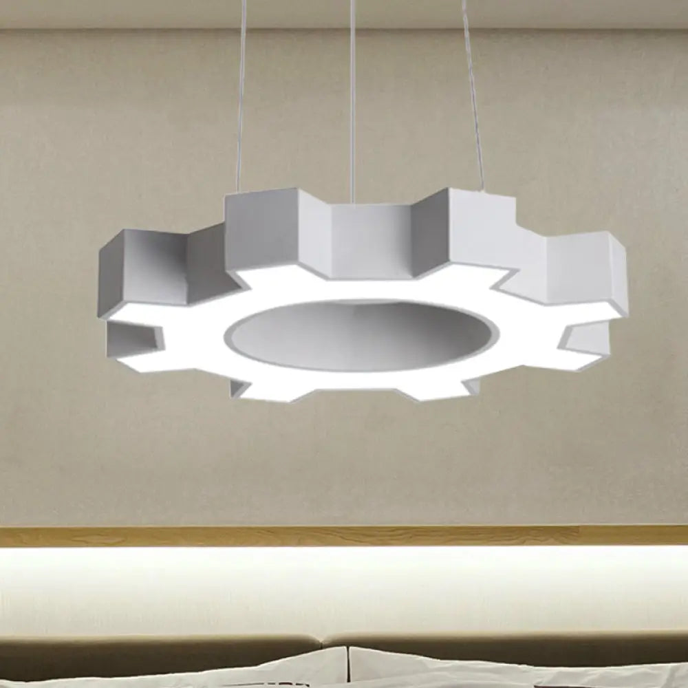 Contemporary Metal Led Pendant Lamp For Gym - Wide Gear Shape White/Black White/Warm Light White /