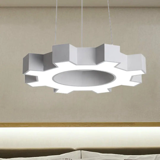 Contemporary Metal Led Pendant Lamp For Gym - Wide Gear Shape White/Black White/Warm Light White /