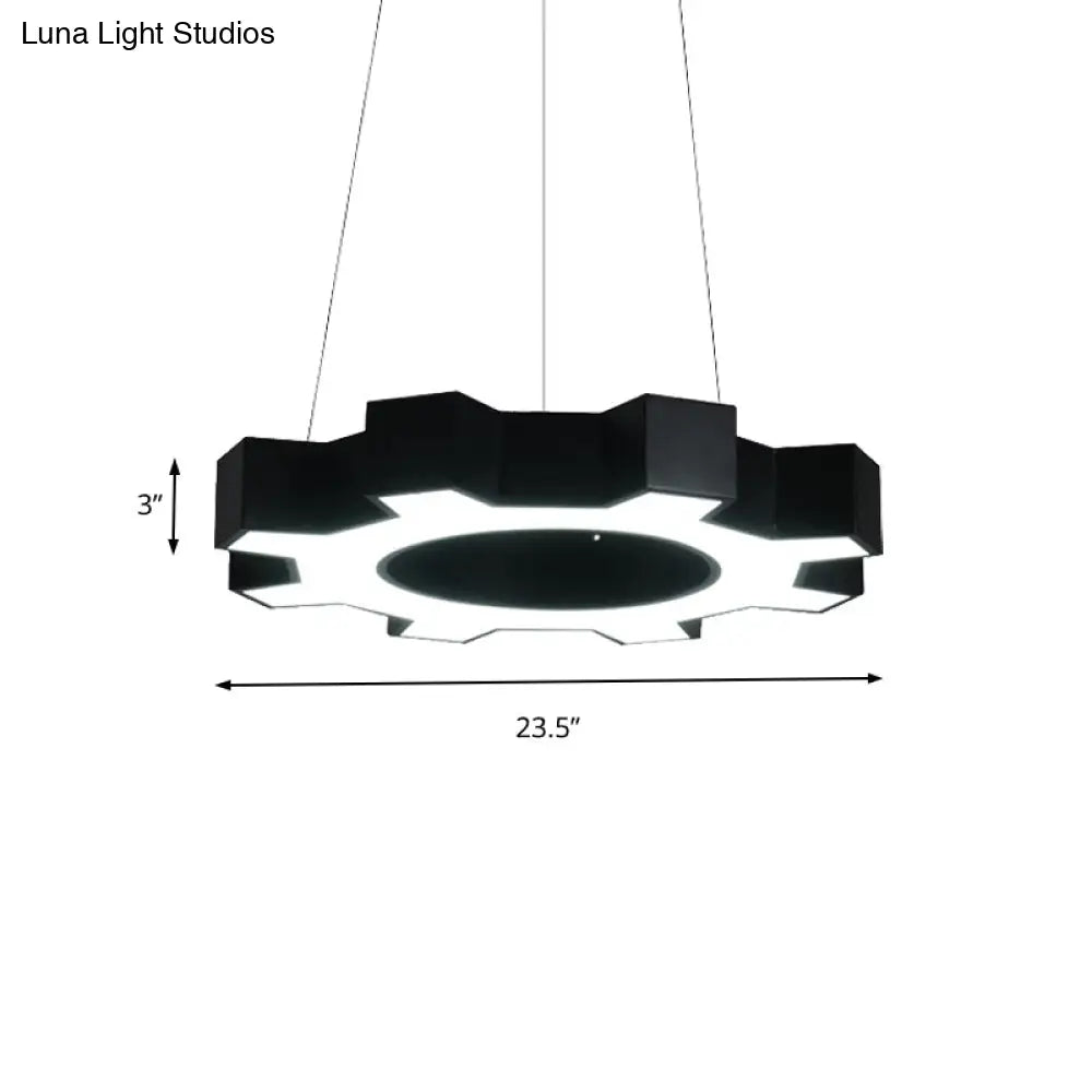 Contemporary Metal Led Pendant Lamp For Gym - Wide Gear Shape White/Black White/Warm Light