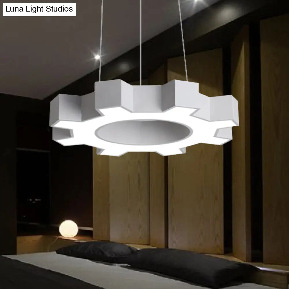 Contemporary Metal Led Pendant Lamp For Gym - Wide Gear Shape White/Black White/Warm Light