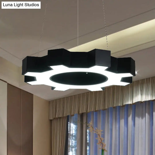 Contemporary Metal Led Pendant Lamp For Gym - Wide Gear Shape White/Black White/Warm Light