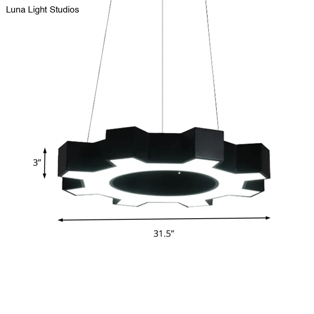 Contemporary Metal Led Pendant Lamp For Gym - Wide Gear Shape White/Black White/Warm Light