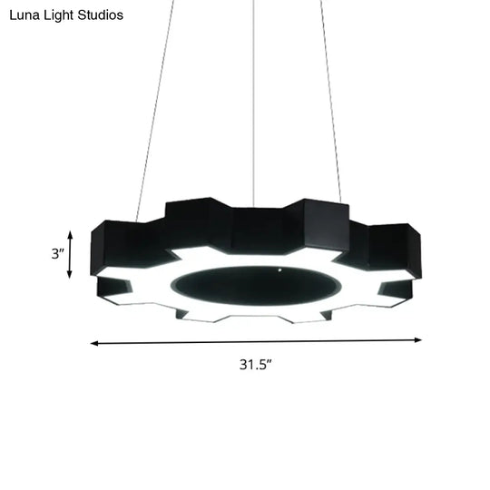 Contemporary Metal Led Pendant Lamp For Gym - Wide Gear Shape White/Black White/Warm Light