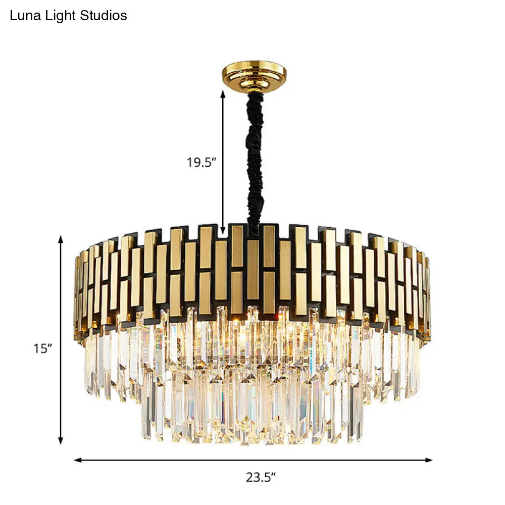 Contemporary Metal Pendant Chandelier With Round Shade & Faceted Crystal - Golden Hanging Light