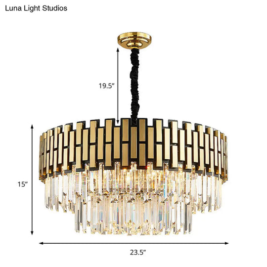 Contemporary Metal Pendant Chandelier With Round Shade & Faceted Crystal - Golden Hanging Light