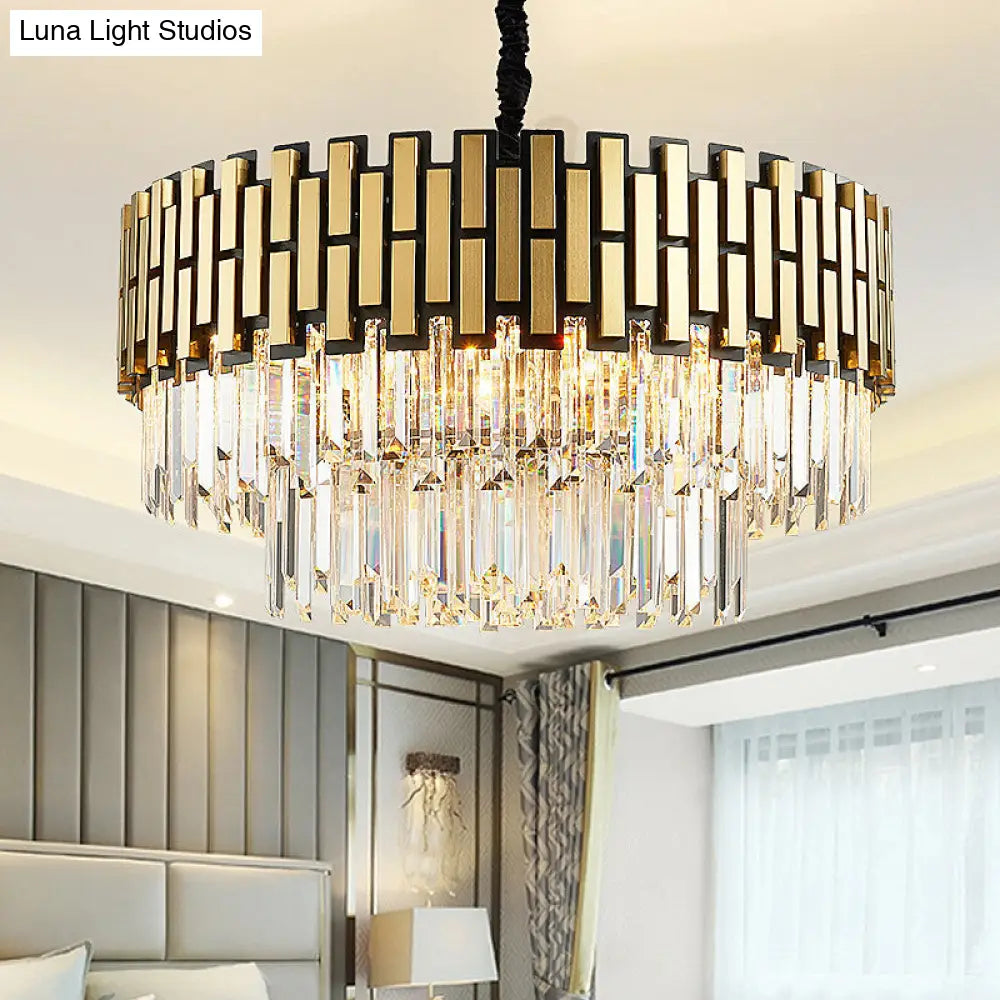 Contemporary Metal Pendant Chandelier With Round Shade & Faceted Crystal - Golden Hanging Light