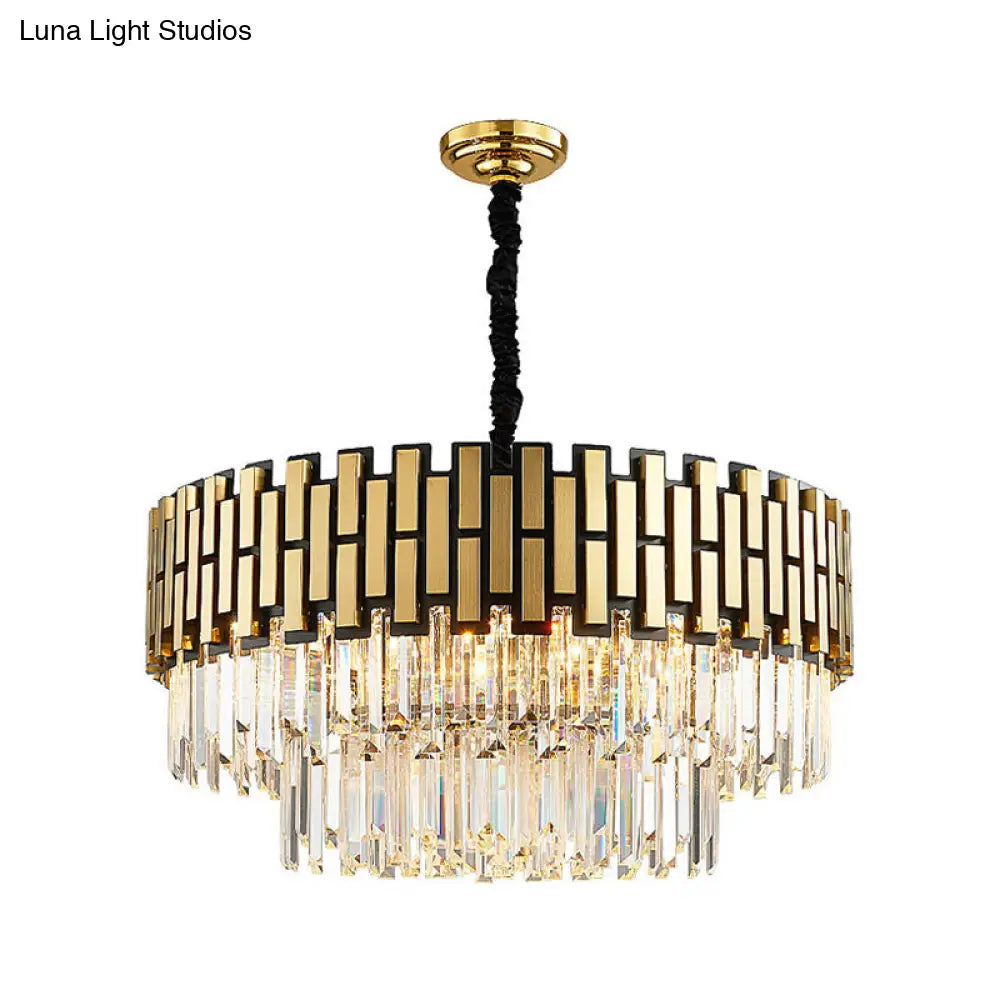 Contemporary Golden Chandelier Light With Faceted Crystal - Metal Pendant Round Shade