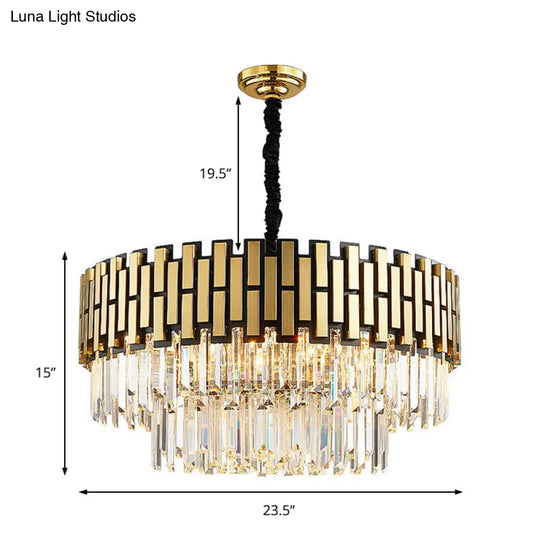 Contemporary Golden Chandelier Light With Faceted Crystal - Metal Pendant Round Shade