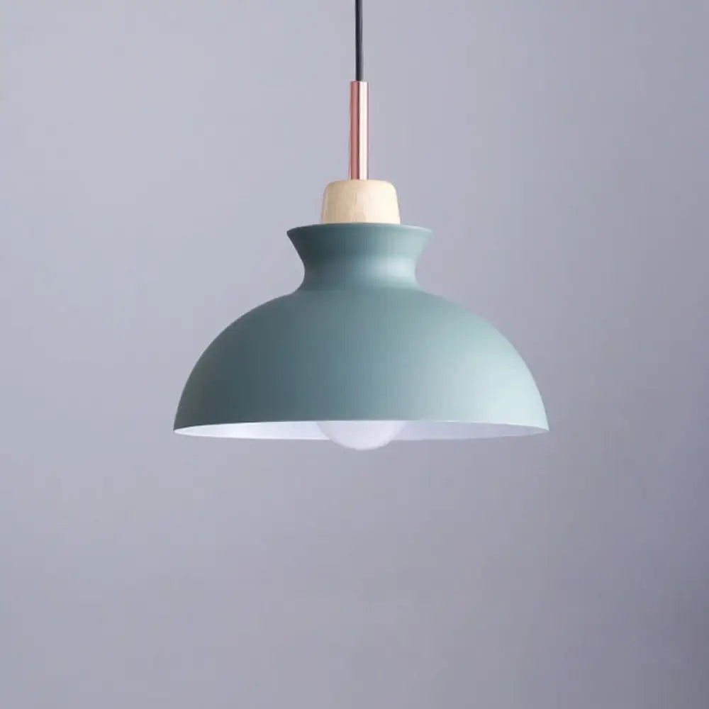 Contemporary Metal Pendant Lamp - Geometric Design With Wood Top Ideal For Dining Rooms Green