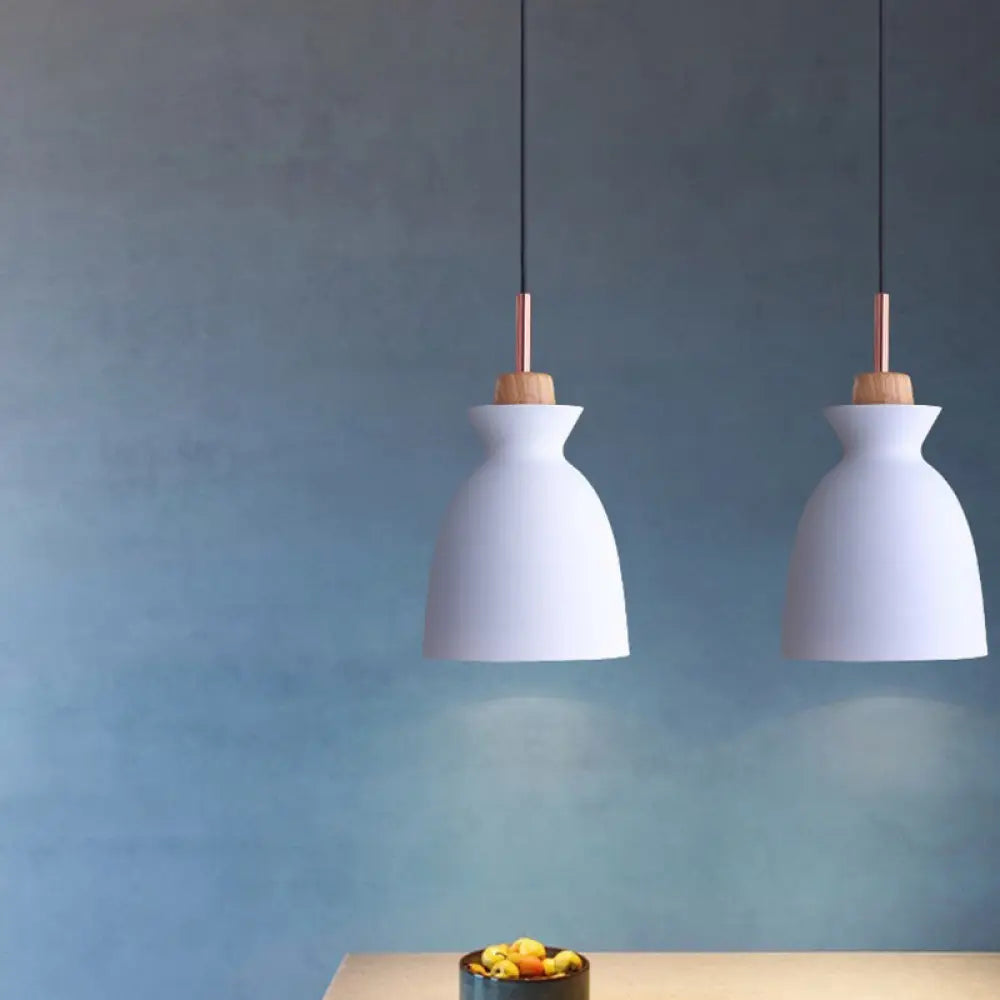 Contemporary Metal Pendant Lamp - Geometric Design With Wood Top Ideal For Dining Rooms White
