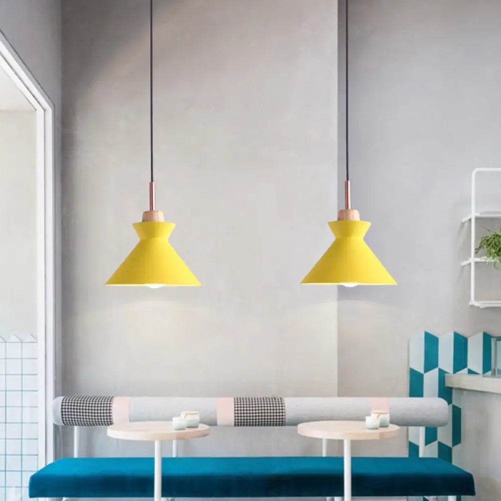 Contemporary Metal Pendant Lamp - Geometric Design With Wood Top Ideal For Dining Rooms Yellow