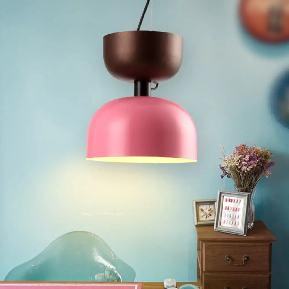 Contemporary Metal Pendant Light In Pink/Green- Single Head Domed Design Pink