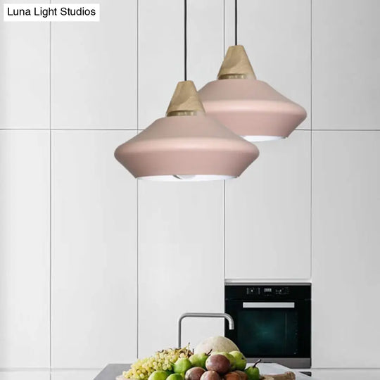 Contemporary Metal Ceiling Lamp With Pink/Coffee 1-Head Pendant Fixture And Wood Cap