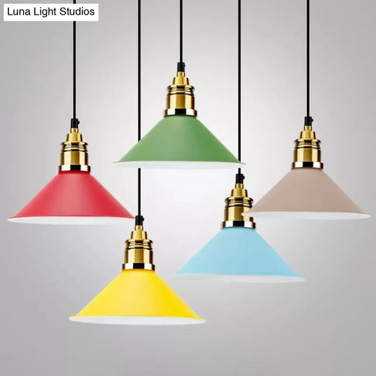 Contemporary Metal Pendant Light With Adjustable Cord - Yellow/Blue/Green Tapered Shade Ideal For