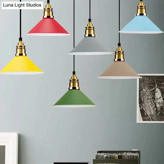 Contemporary Metal Pendant Light With Adjustable Cord - Yellow/Blue/Green Tapered Shade Ideal For