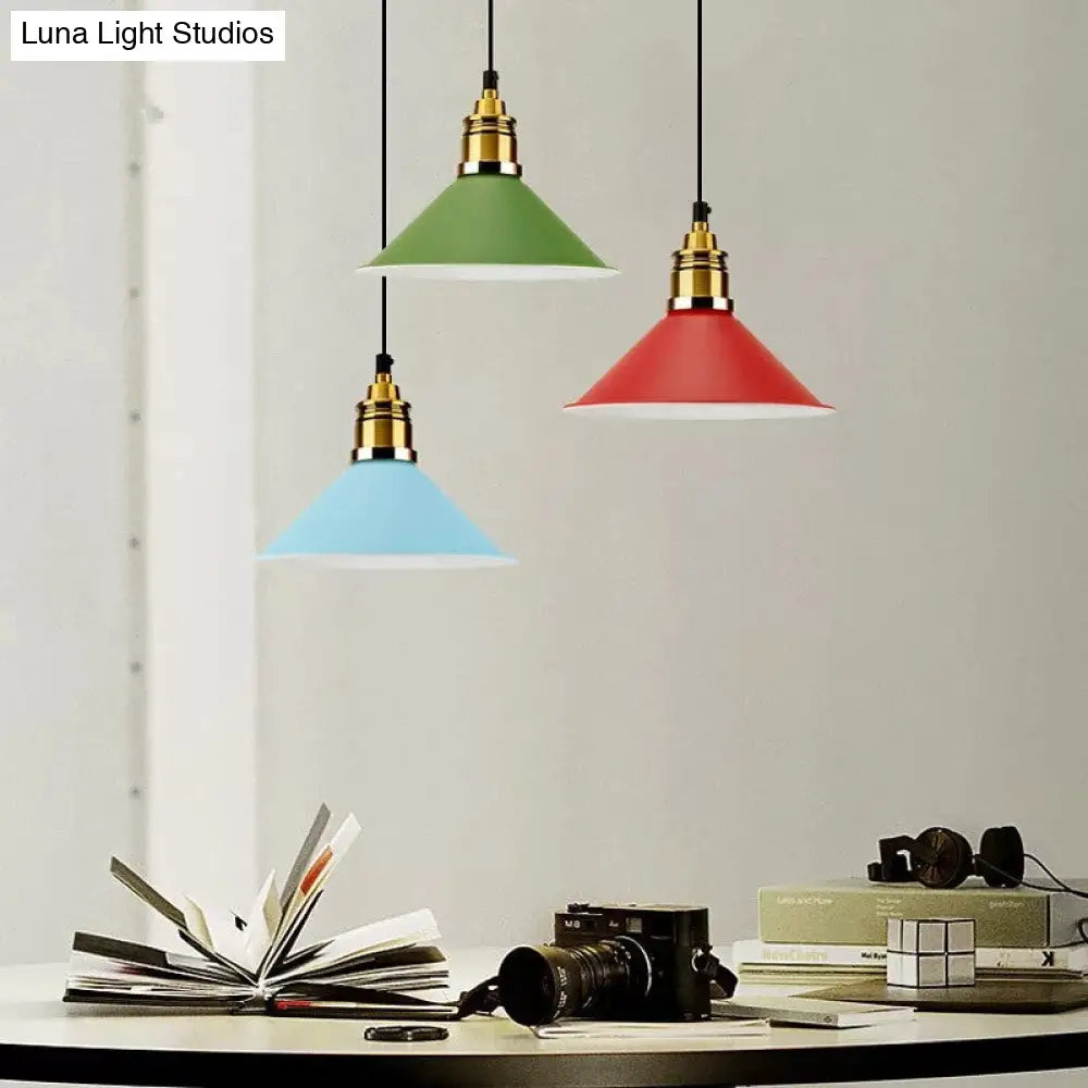 Contemporary Metal Hanging Pendant Light - Yellow/Blue/Green Tapered Shade Adjustable Cord 1 Bulb