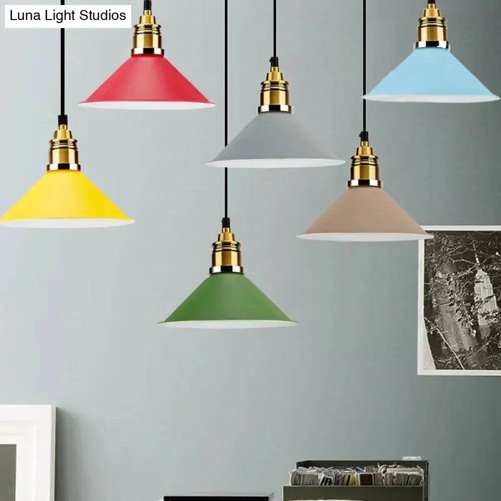 Contemporary Metal Hanging Pendant Light - Yellow/Blue/Green Tapered Shade Adjustable Cord 1 Bulb