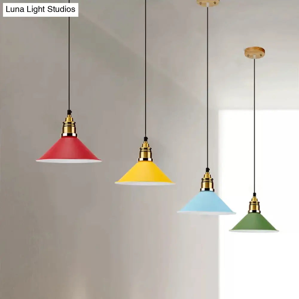 Contemporary Metal Pendant Light With Adjustable Cord - Yellow/Blue/Green Tapered Shade Ideal For