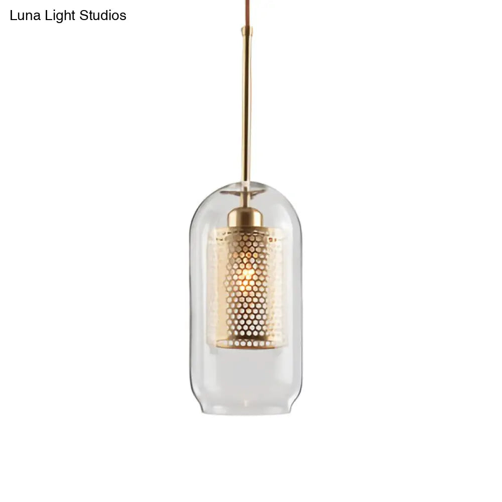 Metal Cylinder Pendant Lamp With Glass Shade For Contemporary Dining Room Lighting