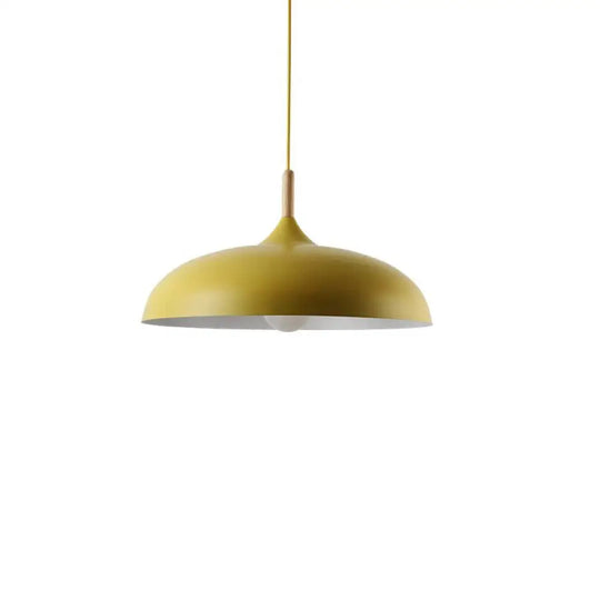 Contemporary Metal Pendant Light With Wood Cork - Geometry Dining Room Ceiling Lamp 1 Bulb Yellow /