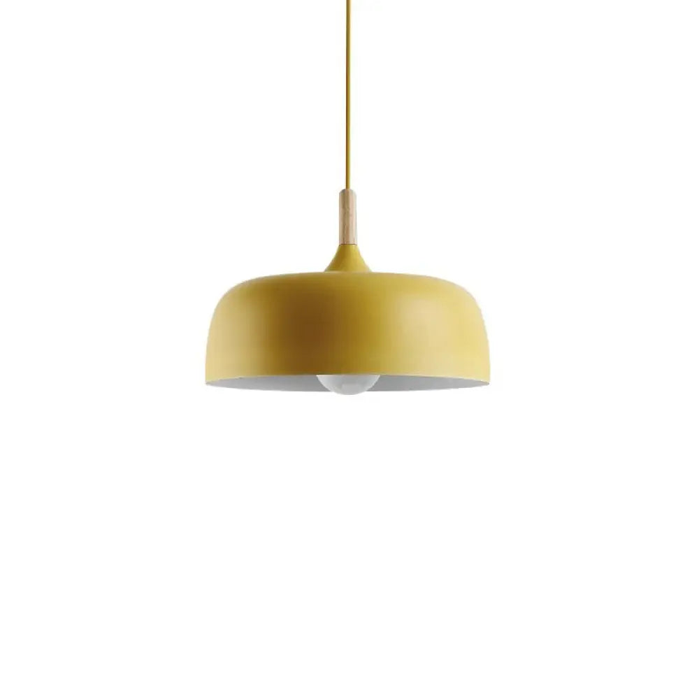 Contemporary Metal Pendant Light With Wood Cork - Geometry Dining Room Ceiling Lamp 1 Bulb Yellow /