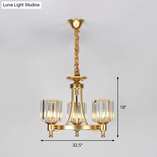 Contemporary 3/6-Bulb Metal Round Chandelier With Drum Crystal Prisms Shade - Gold Ceiling Pendant