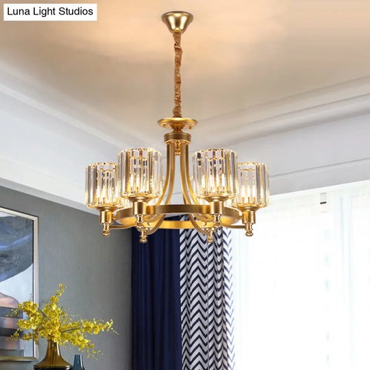 Contemporary Metal Round Chandelier - Gold Ceiling Pendant Light With Drum Crystal Prisms Shade