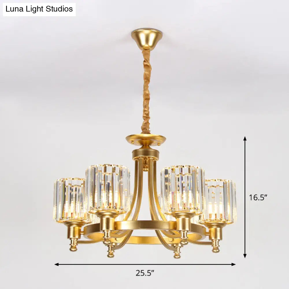 Contemporary 3/6-Bulb Metal Round Chandelier With Drum Crystal Prisms Shade - Gold Ceiling Pendant