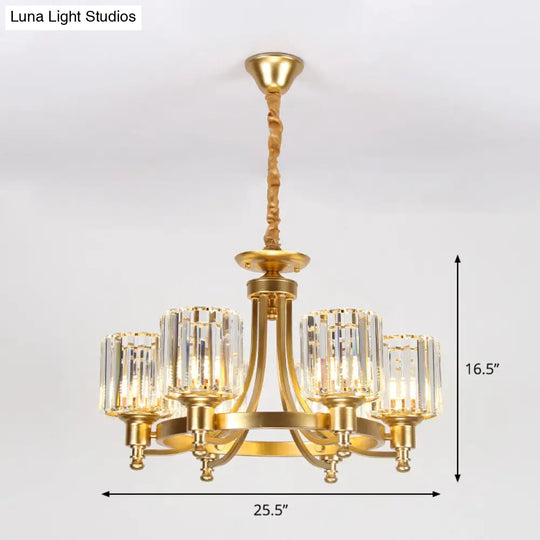 Contemporary Metal Round Chandelier - Gold Ceiling Pendant Light With Drum Crystal Prisms Shade