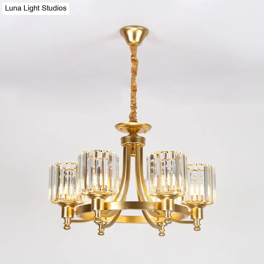 Contemporary 3/6-Bulb Metal Round Chandelier With Drum Crystal Prisms Shade - Gold Ceiling Pendant