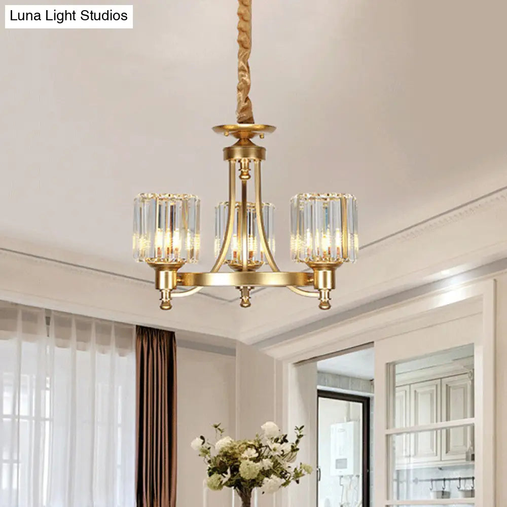 Contemporary 3/6-Bulb Metal Round Chandelier With Drum Crystal Prisms Shade - Gold Ceiling Pendant